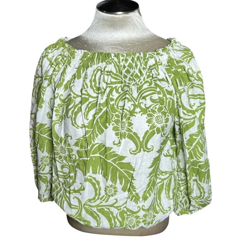 Rachel Zoe White and Green Off-Shoulder print leaf linen blend Blouse M